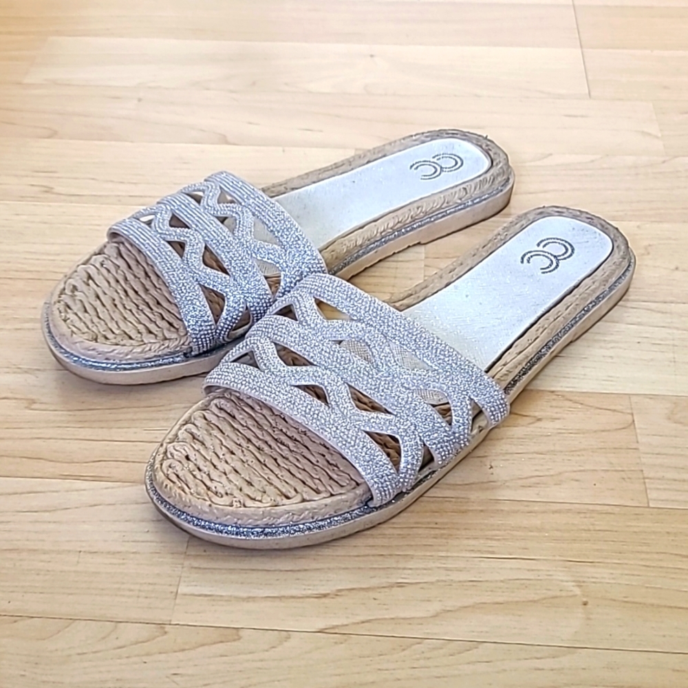 Cindy Claire Silver Slides Glit/Rhinestone Women Sandals Size 9.5
